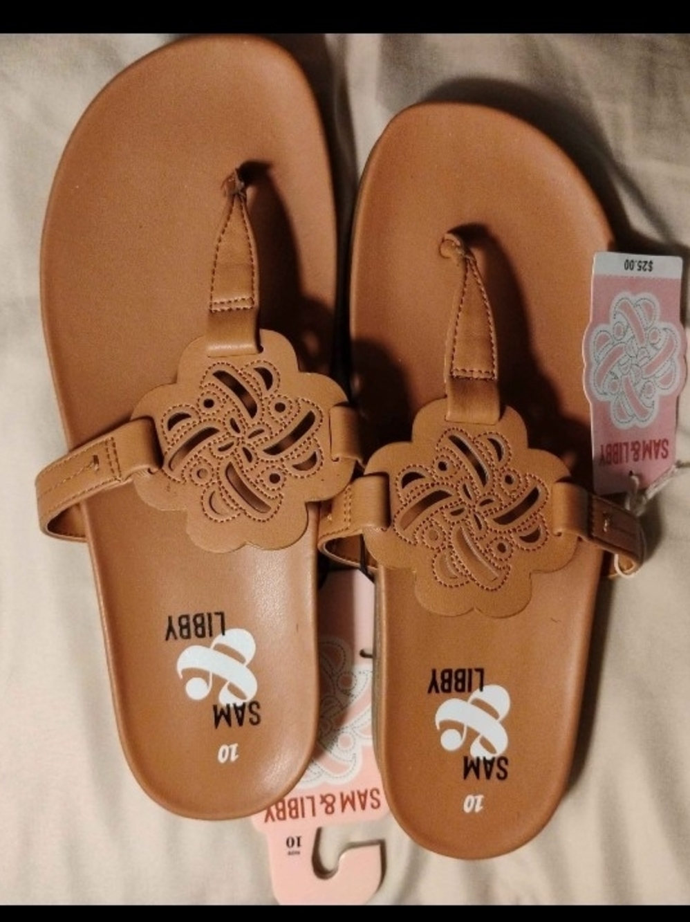 NWT Sam & Libby Tan Floral Cutout Thong Slide Sandals